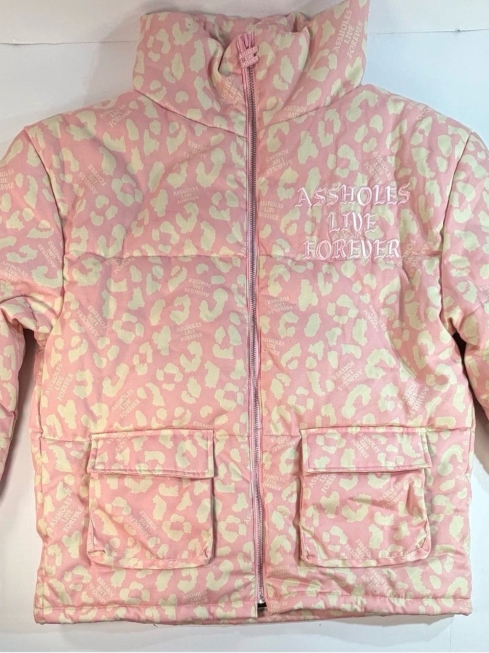 Kids Pink Leopard Print Puffer Jacket - "Assholes Live Forever" Embroidered